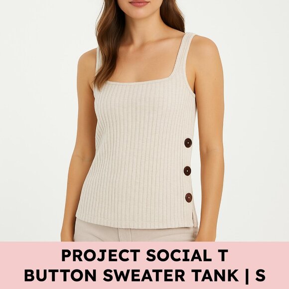 Project Social T Tops - Project Social T Ribbed Sweater Tank Button Side Square Neck Beige Small